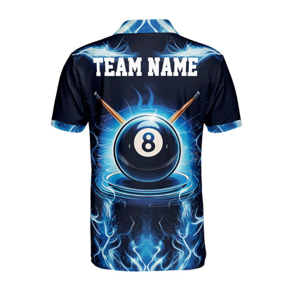 Custom Blue Flame Lightning 8 Ball Billiard Polo Shirt Mens, Custom Flame 8 Ball Pool Team Shirts BIZ0218
