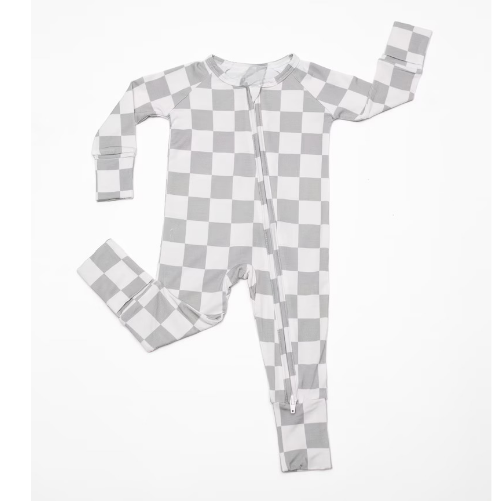 Checkered White Grey Baby Convertible Romper Sweatshirt, Checkered Baby Romper Convertible BB0629