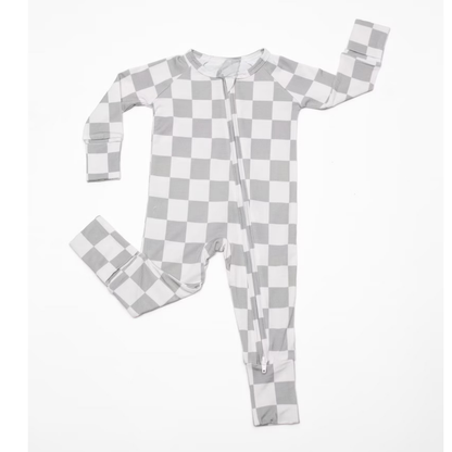 Checkered White Grey Baby Convertible Romper Sweatshirt, Checkered Baby Romper Convertible BB0629