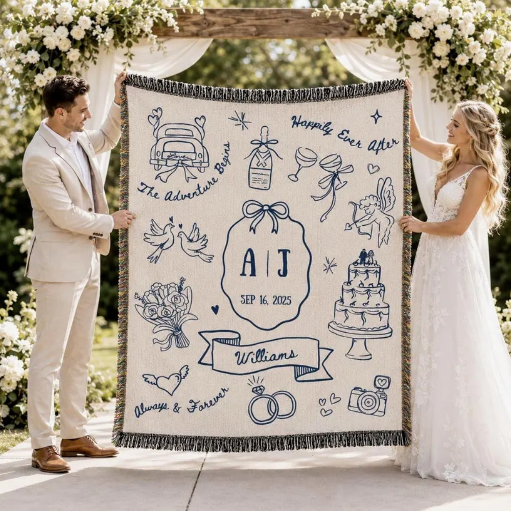 Personalized Wedding Engagement Woven Blanket For Couple, Custom Blanket For Wedding Anniversary WD0355