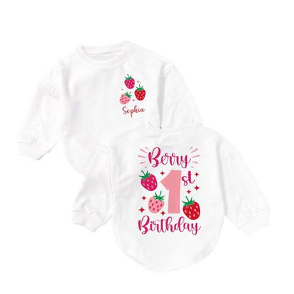 Personalized Berry 1st Birthday Baby Romper Sweatshirt, Custom First Birthday Strawberry Baby Romper Sweater BB0496