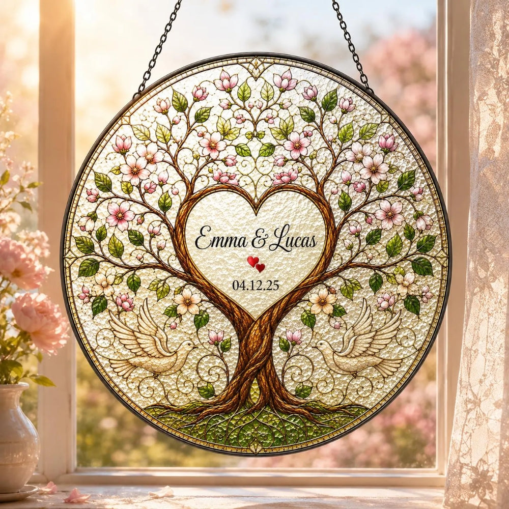 4 Seasons Tree Custom Couple Stained Glass Suncatcher, Custom Wedding Anniversary Suncatcher WD0376