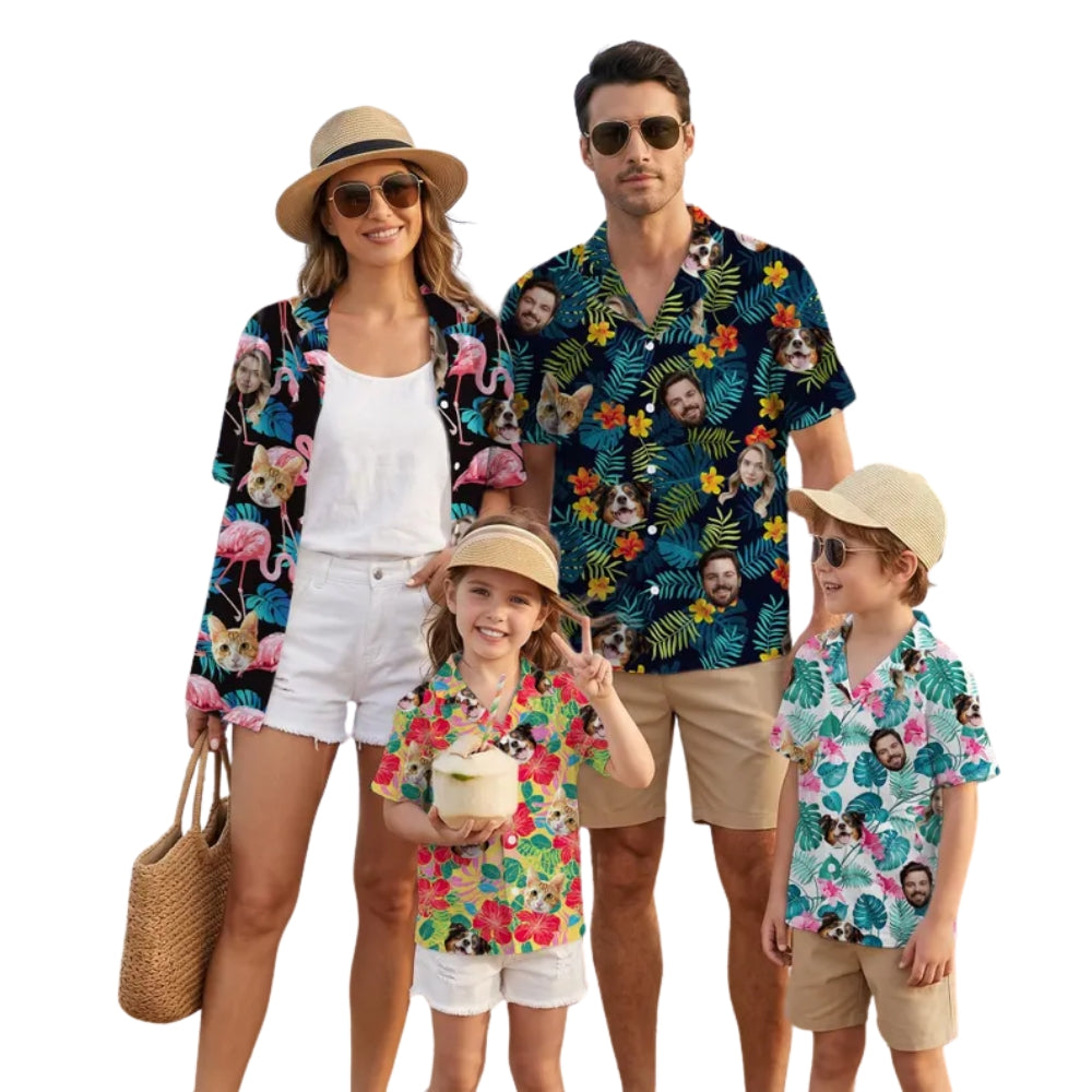 Custom Photo Tropical Family Hawaiian Matching Shirts, Custom Face Tropical Matching Hawaiian Shirts For Family ET0898
