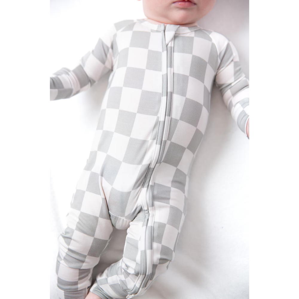 Checkered White Grey Baby Convertible Romper Sweatshirt, Checkered Baby Romper Convertible BB0629