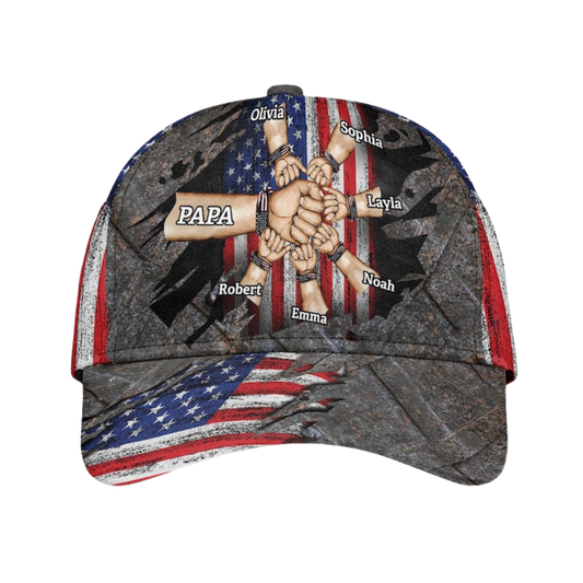 USA Flag Custom Name Papa Fist Bump Baseball Cap With Kid's Name, Custom Father's Day Hats Caps CP0149