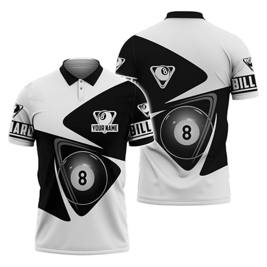 Black And White Custom 8 Ball Billiard Polo Shirt For Mens, Custom 8 Ball Pool Billiard Shirts BIZ0113