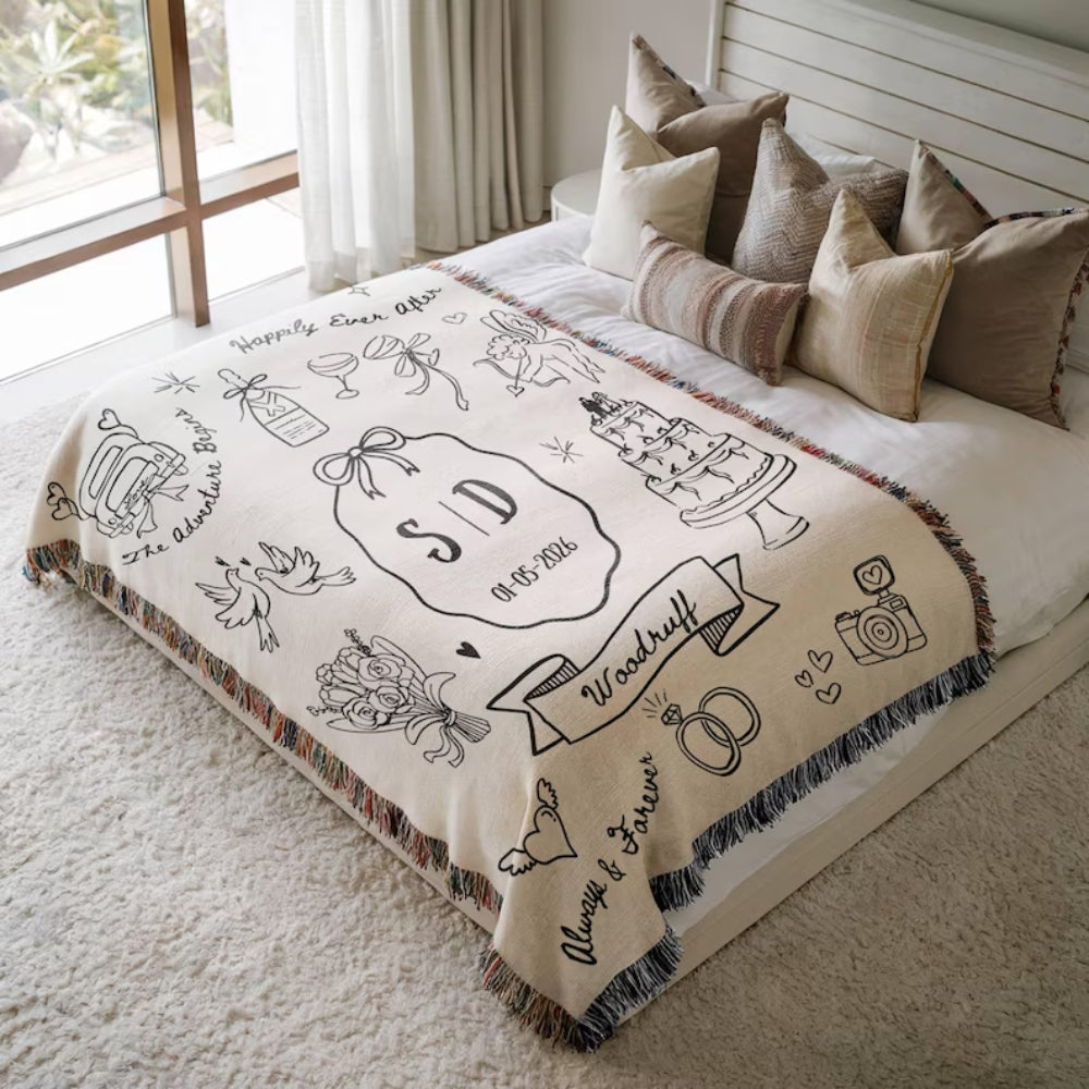 Personalized Wedding Engagement Woven Blanket For Couple, Custom Blanket For Wedding Anniversary WD0355