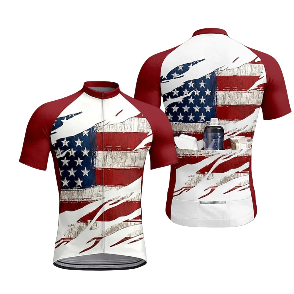 White And Red Grunge USA Flag Cycling Short Sleeve Jersey For Men, Patriotic Cycling Jerseys CZ0149