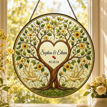 4 Seasons Tree Custom Couple Stained Glass Suncatcher, Custom Wedding Anniversary Suncatcher WD0376