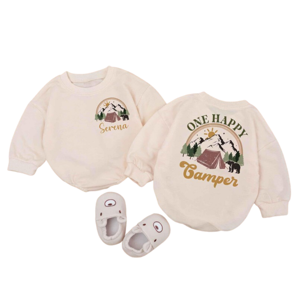 Personalized One Happy Camper Baby Romper Sweatshirt, Custom Camping First Birthday Romper Sweatshirt  BB0497