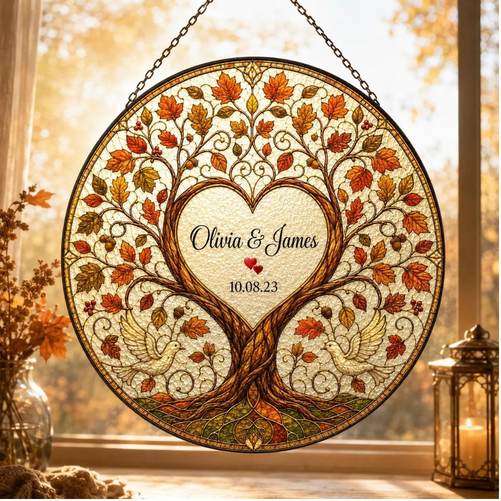 4 Seasons Tree Custom Couple Stained Glass Suncatcher, Custom Wedding Anniversary Suncatcher WD0376