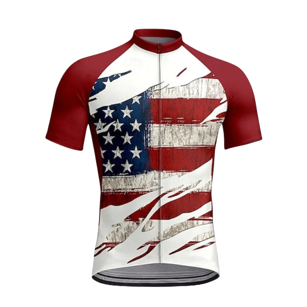 White And Red Grunge USA Flag Cycling Short Sleeve Jersey For Men, Patriotic Cycling Jerseys CZ0149