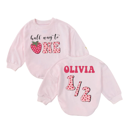 Custom Half Way To One Strawberry Baby Romper Sweatshirt, Custom Berry 1/2 Birthday Baby Romper Sweater BB0498
