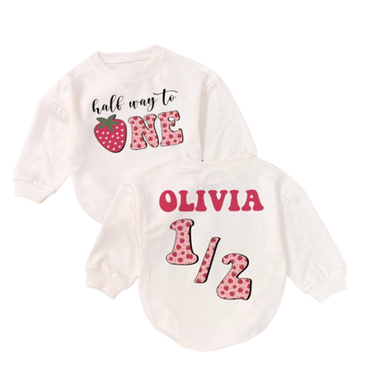 Custom Half Way To One Strawberry Baby Romper Sweatshirt, Custom Berry 1/2 Birthday Baby Romper Sweater BB0498