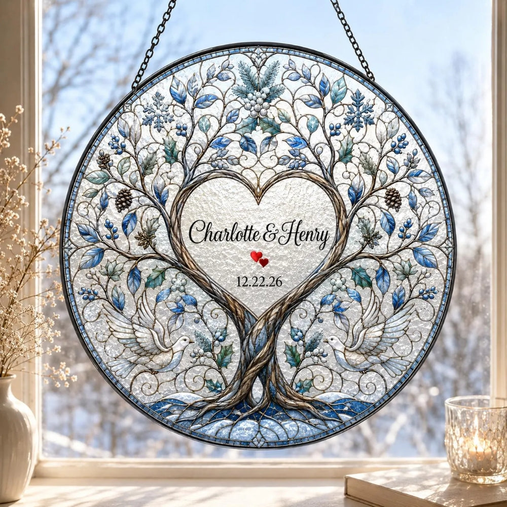 4 Seasons Tree Custom Couple Stained Glass Suncatcher, Custom Wedding Anniversary Suncatcher WD0376
