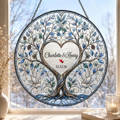 4 Seasons Tree Custom Couple Stained Glass Suncatcher, Custom Wedding Anniversary Suncatcher WD0376