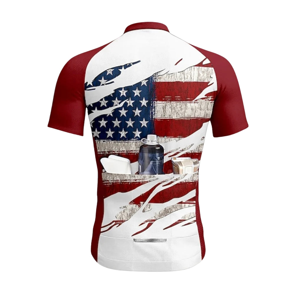 White And Red Grunge USA Flag Cycling Short Sleeve Jersey For Men, Patriotic Cycling Jerseys CZ0149
