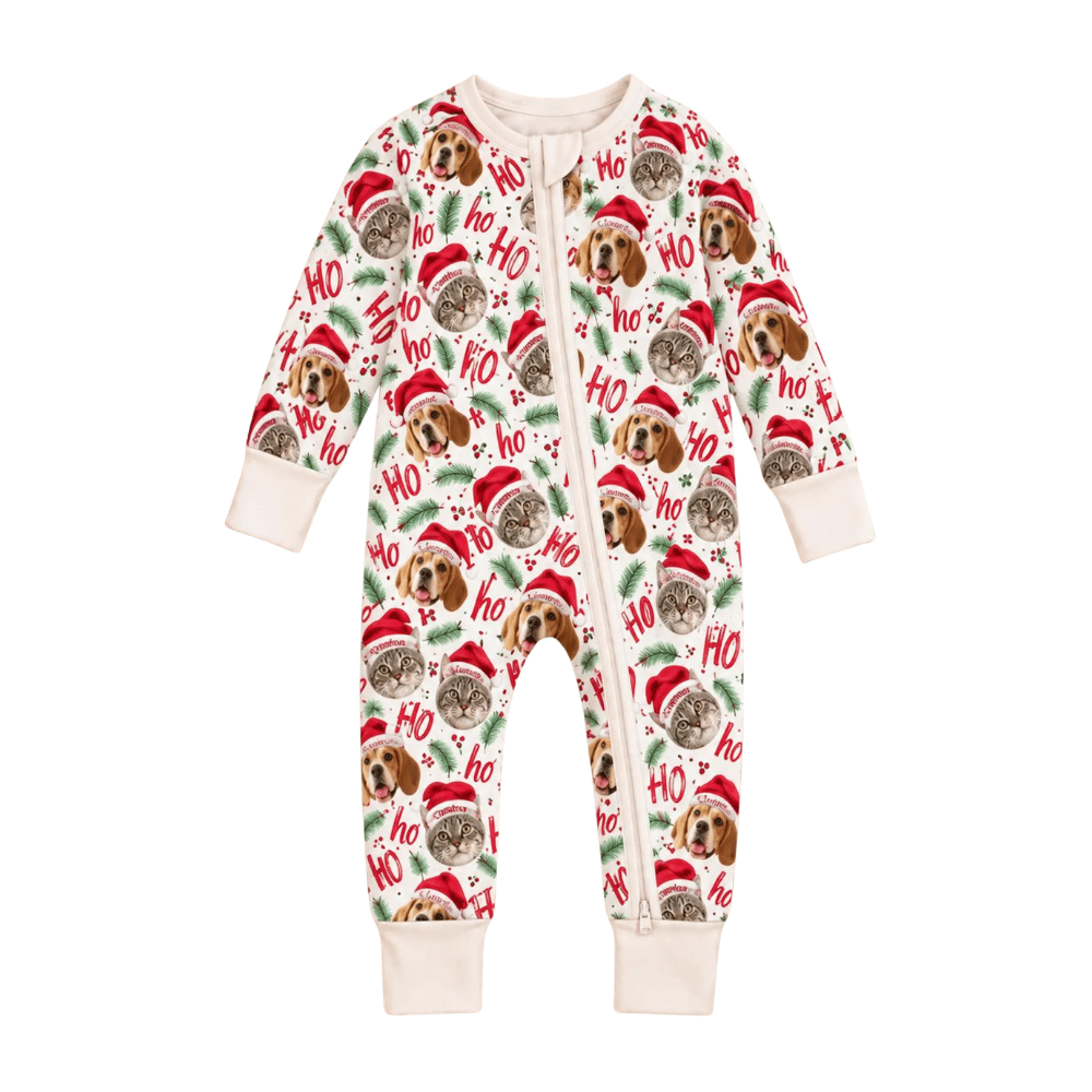 Custom Pet Photo Christmas Baby Convertible Zippy Romper, Custom Baby Pet Lover Convertible Romper For Christmas BB0956