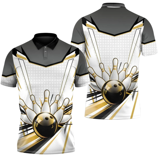 Golden And White Custom Mens Bowling Polo Shirt, Custom Team Bowling Shirts BZ0612