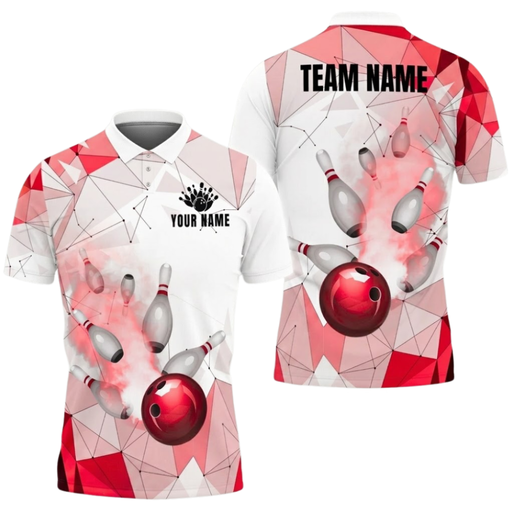 Custom Team Blue White Geometric Bowling Polo Shirt Men, Custom Bowling Shirt BZ0806