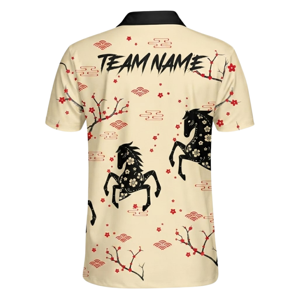 Custom Floral Horse Cherry Blossom Men's Bowling Polo Shirts, Custom Horse Bowling Team Shirts  BZ0607