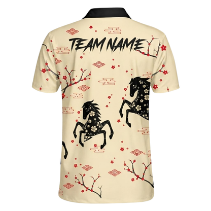 Custom Floral Horse Cherry Blossom Men's Bowling Polo Shirts, Custom Horse Bowling Team Shirts  BZ0607