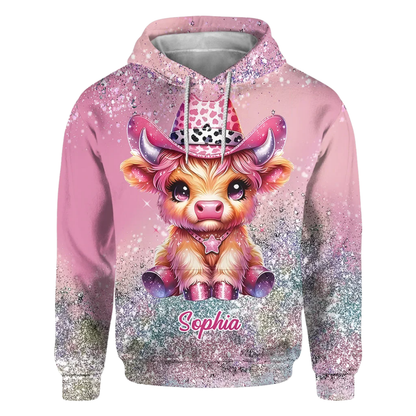Custom Highland Cow Pink Hoodie 3D Printed For Ladies, Personalized Highland Cow Lover Hoodie 2D1275