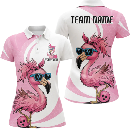 Flamingo Women's Custom Bowling Polo Shirt, Custom Flamingo Bowing Team Shirts For Ladies BZ0520