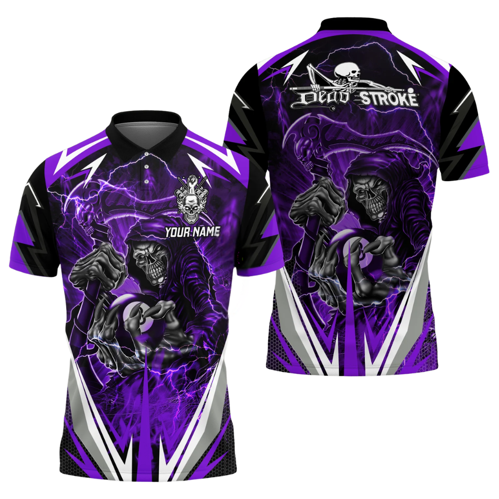 Custom Dead Stroke Skull 8 Ball Mens Blue Billiard Polo Shirt, Custom Skull Billiard Shirts BIZ0310