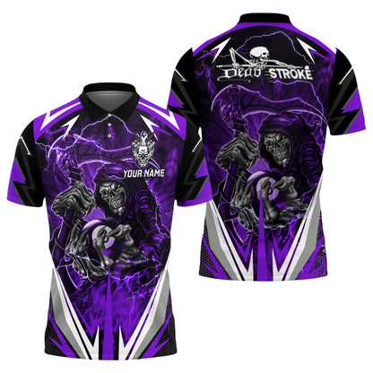 Custom Dead Stroke Skull 8 Ball Mens Blue Billiard Polo Shirt, Custom Skull Billiard Shirts BIZ0310