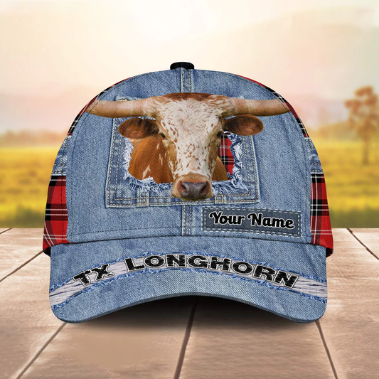 Texas Longhorn Overall Jeans Pattern And Red Caro Pattern Customized Name Cap CA0086