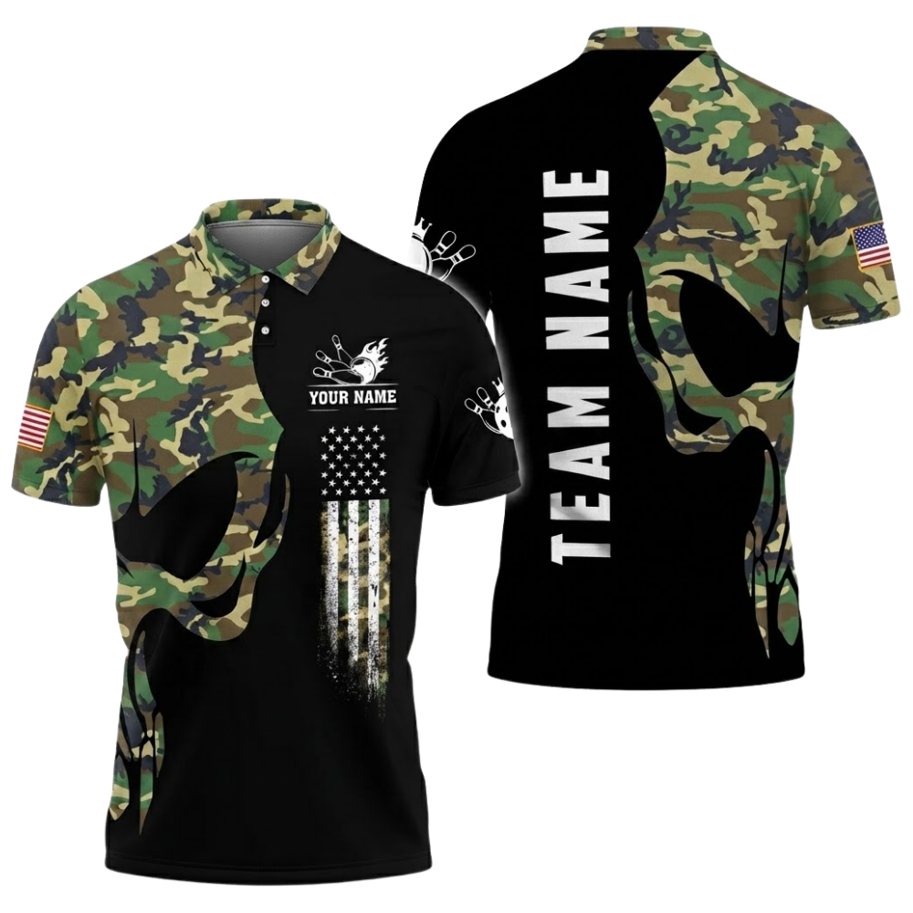 Custom Mens Camo Skeleton Bowling Polo Shirt, Custom Skull Bowling Team Shirts BZ0550