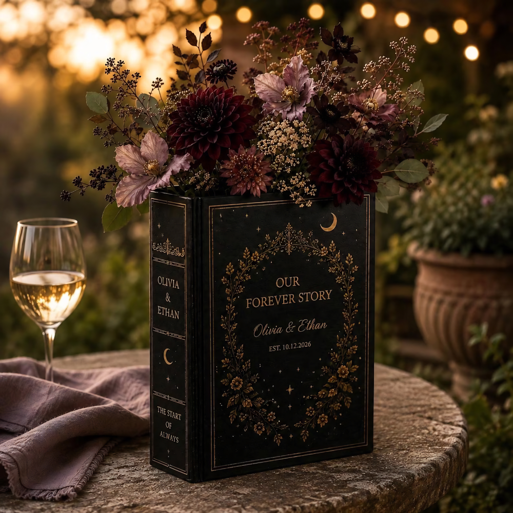 Our Forever Story Custom Celestial Wedding Black Ceramic Book Vase, Custom Gothic Wedding Book Vase WD0586