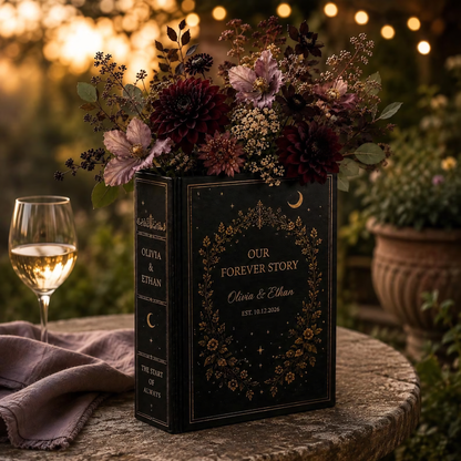 Our Forever Story Custom Celestial Wedding Black Ceramic Book Vase, Custom Gothic Wedding Book Vase WD0586