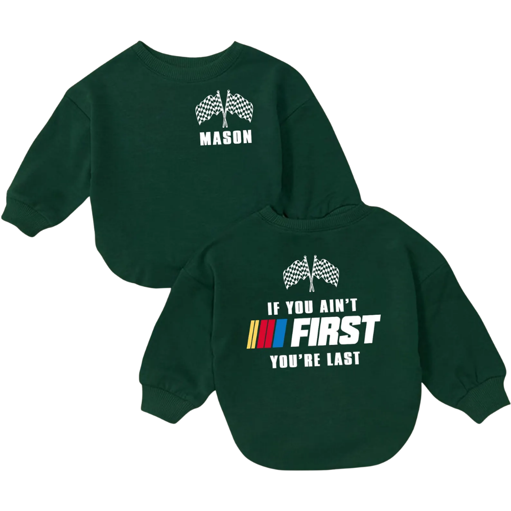 If You Ain't First You're Last Custom Race Car Baby Boy Romper Sweatshirt, Personalized Racing First Birthday Romper Sweatshirt Baby BB0703