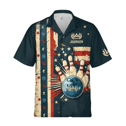 Custom Eagle Retro American Flag Hawaiian Bowling Shirt For Men, Custom Patriotic Bowling Team Shirts BZ0647