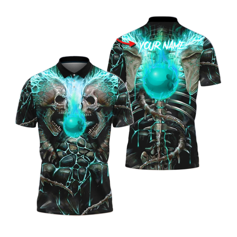 Custom Skull Flame Ball Bowling Polo Shirt For Men, Custom Skull Bowling Shirt BZ1053