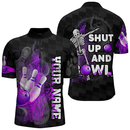 Shut Up And Bowl Custom Skeleton Flame Men's Bowling Jersey, Custom Skull Bowling Shirts  BZ0792