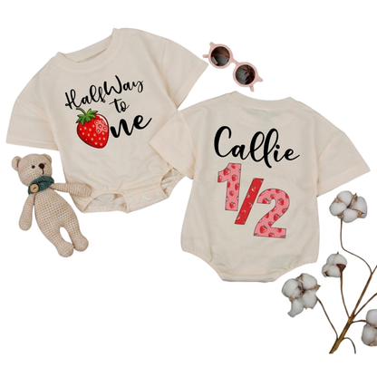 Personalized Strawberry Halfway to One Baby T Shirt Romper, Custom 1/2 Birthday Baby Romper BB0305