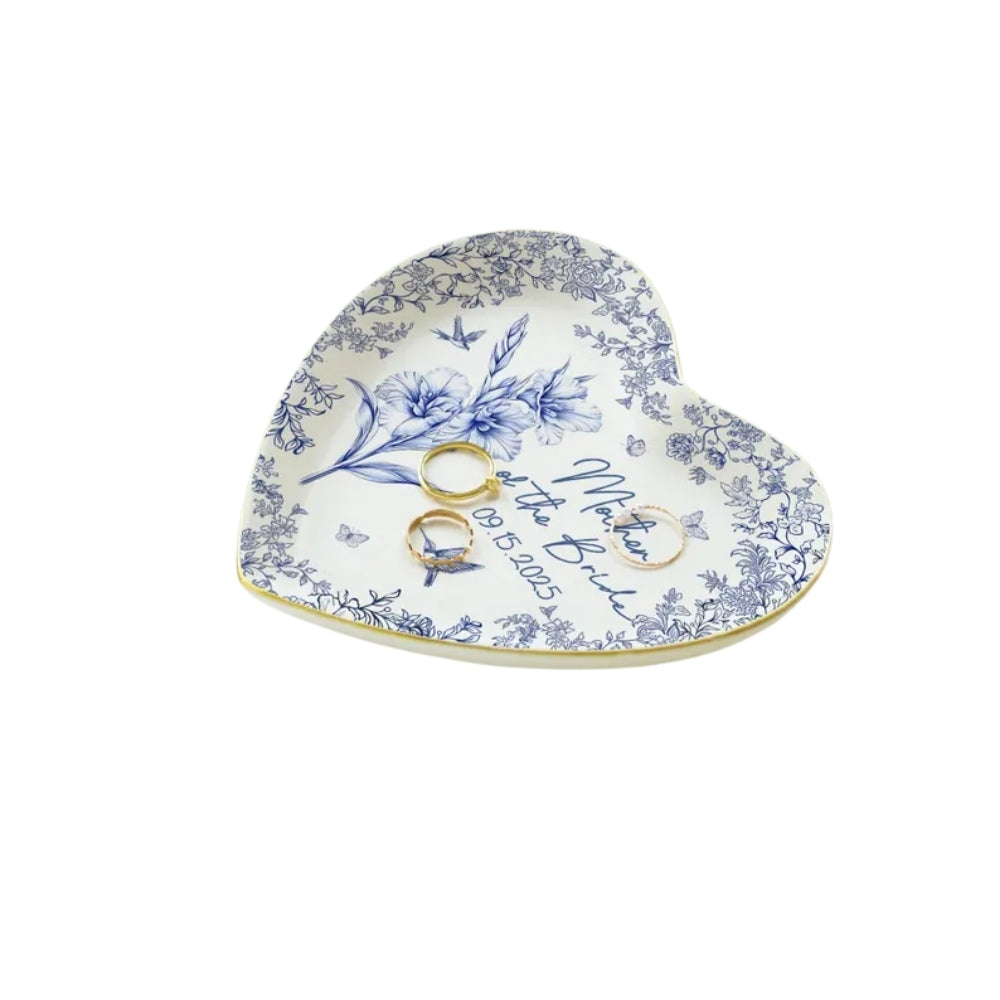 Custom Toile De Jouy Mother Of The Bride & Groom Jewelry Dish, Custom Wedding Jewelry Dish For Mother Of The Bride & Groom WD0054