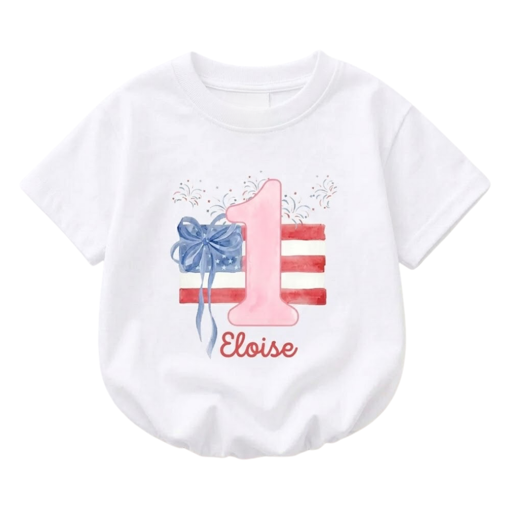 Custom American Flag 1st Birthday Baby Tshirt Romper, Custom Baby's Patriotic First Birthday Romper BB0243