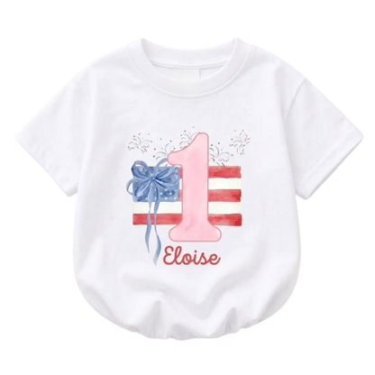 Custom American Flag 1st Birthday Baby Tshirt Romper, Custom Baby's Patriotic First Birthday Romper BB0243