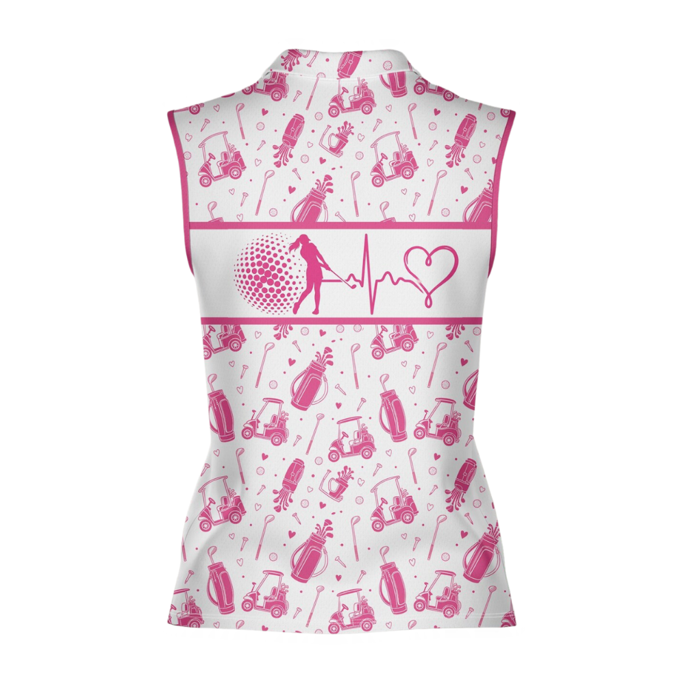 Women's Heartbeat Pink And White Sleeveless Golf Shirt, Pink Golf Shirt For Ladies GE0602