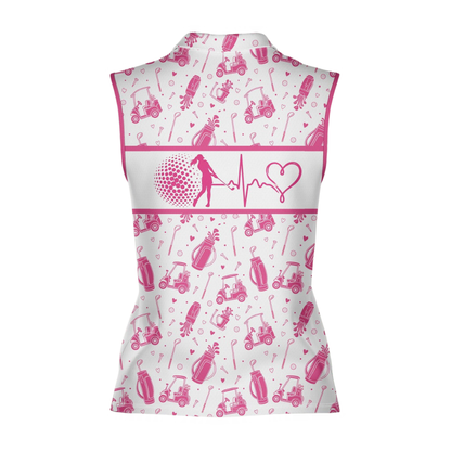 Women's Heartbeat Pink And White Sleeveless Golf Shirt, Pink Golf Shirt For Ladies GE0602