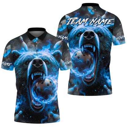 Custom Bear Fire Ball Bowling Polo Shirt For Men, Custom Bear Bowling Team Shirts BZ0504