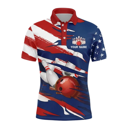 Custom American Flag Grunge Bowling Polo Shirt For Men, Custom Patriotic Bowling Team Shirts BZ0742