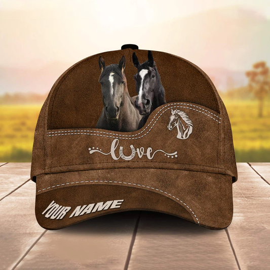 Black Horse Love Leather Pattern Customized Name Cap CA0186