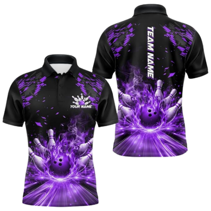 Custom Purple Flaming Bowling Polo Shirt For Men, Custom Flame Bowling Team Shirts BZ0677