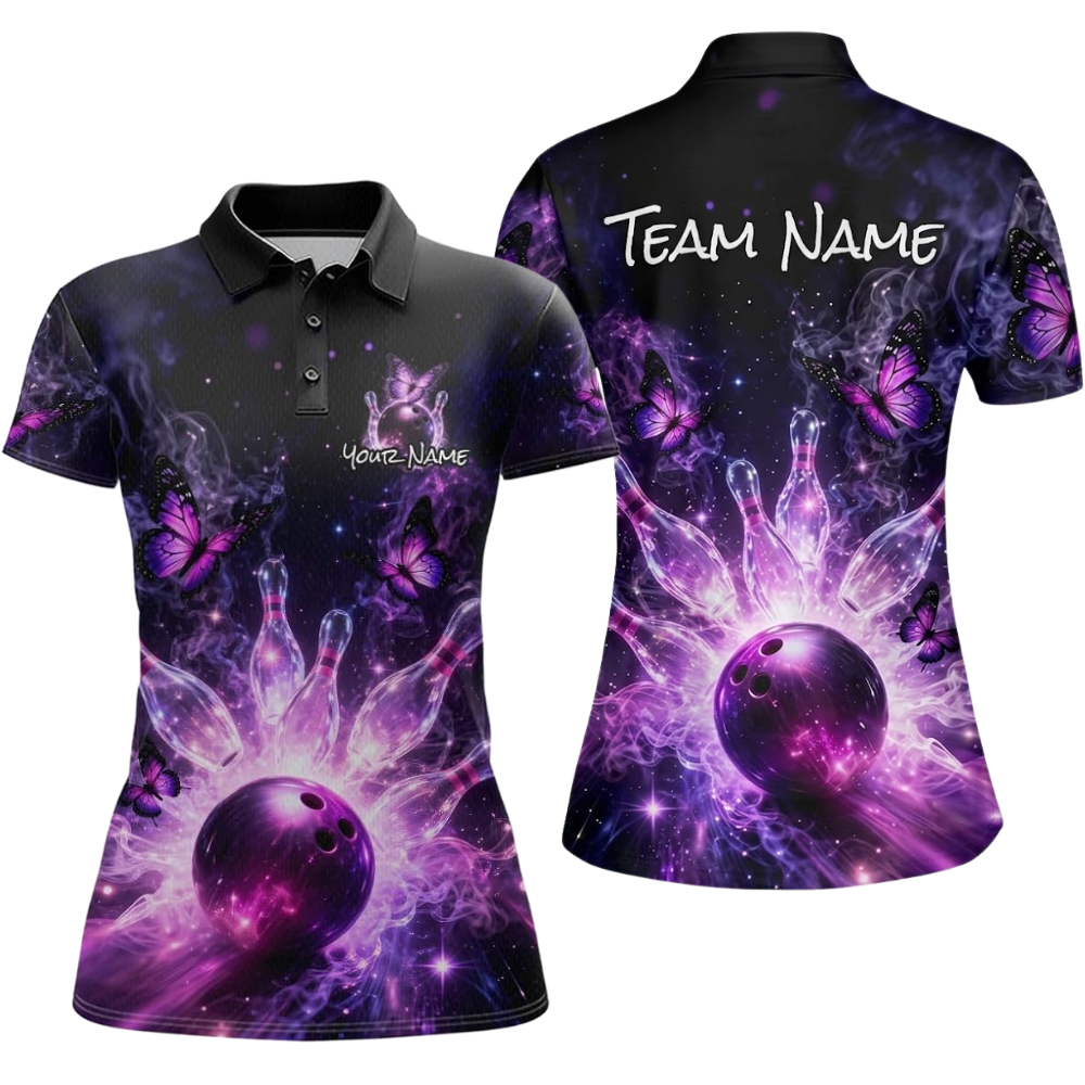 Custom Butterflies Purple Women's Bowling Polo Shirt, Custom Butterfly Bowling Team Shirt For Ladies BZ0775