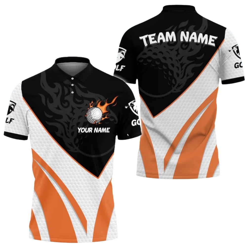 Custom Flame Golf Ball Men's Black White Polo Shirt, Custom Team Golf Shirts GE0388